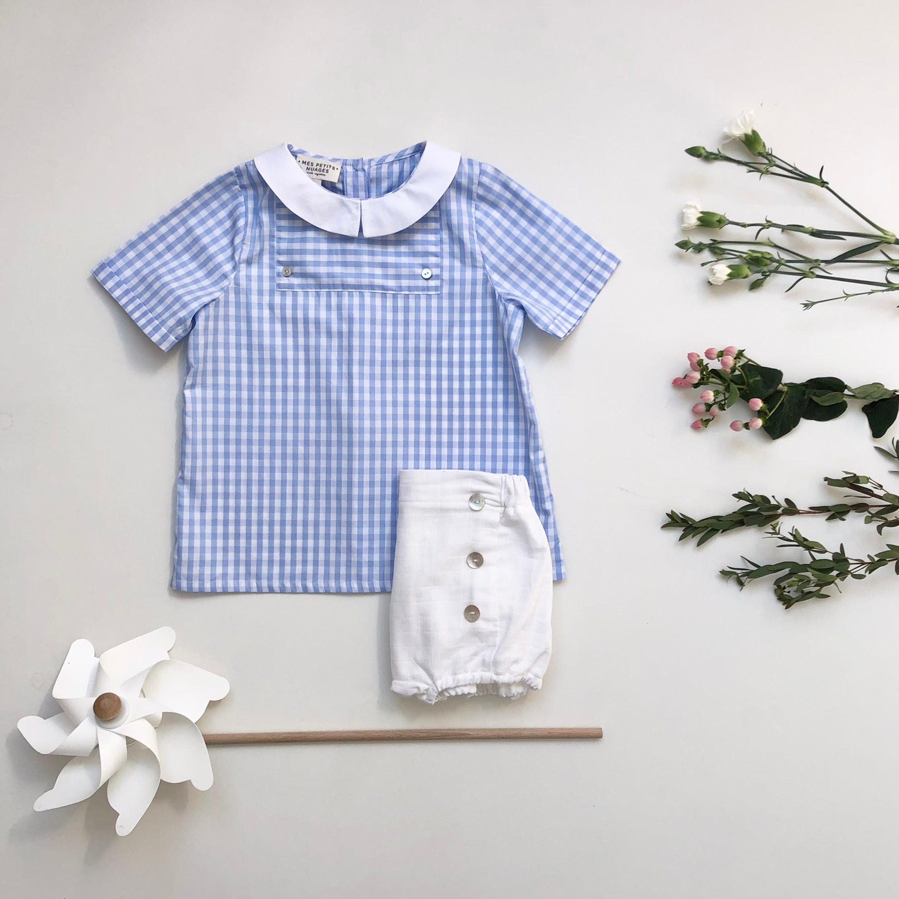 La blouse à plastron César vichy bleu