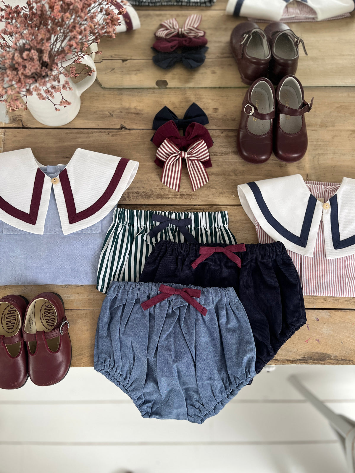 Célestin, le bloomer en chambray denim et noeud bordeaux