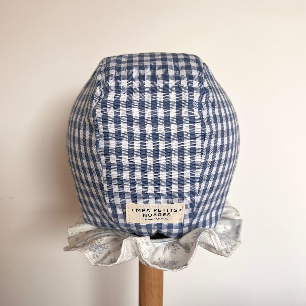 Le béguin Lazare réversible en moumoute et vichy bleu denim