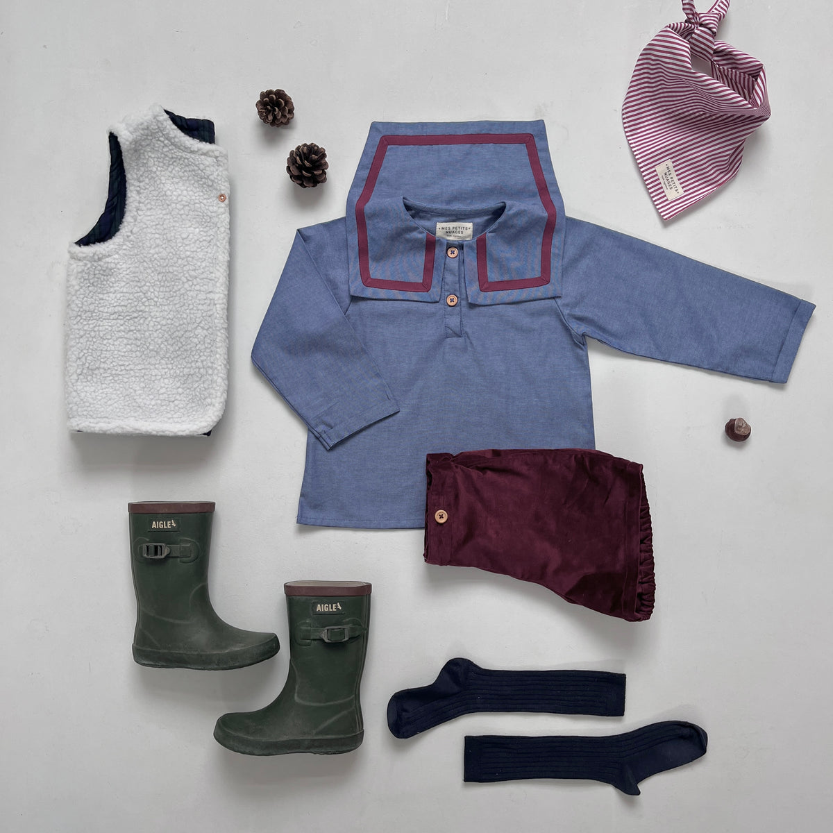 La blouse à col carré Hector denim et bordeaux