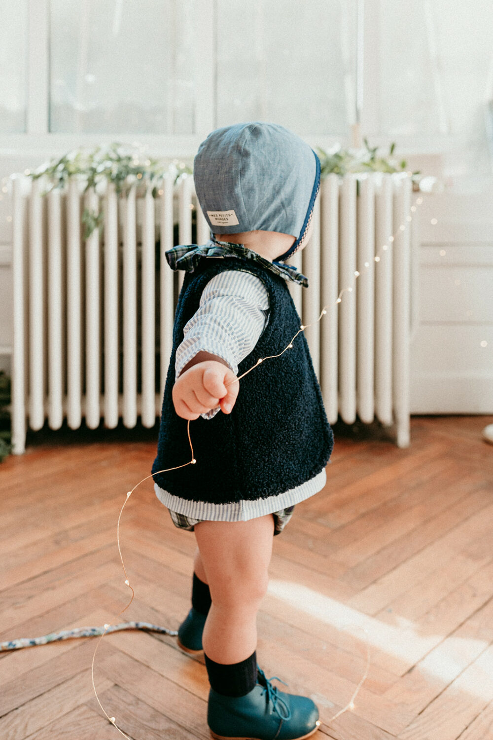 Le béguin réversible Orso en tartan vert et chambray bleu denim – Image 2