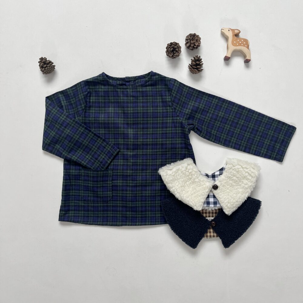 La blouse sans col Barnabé tartan vert et marine – Image 2