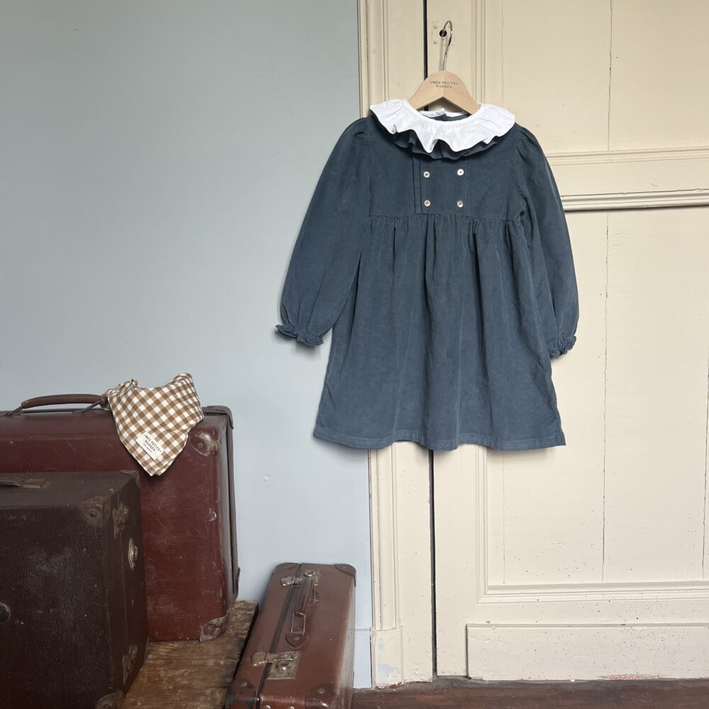 La robe Suzanne en velours bleu gris à double col volanté