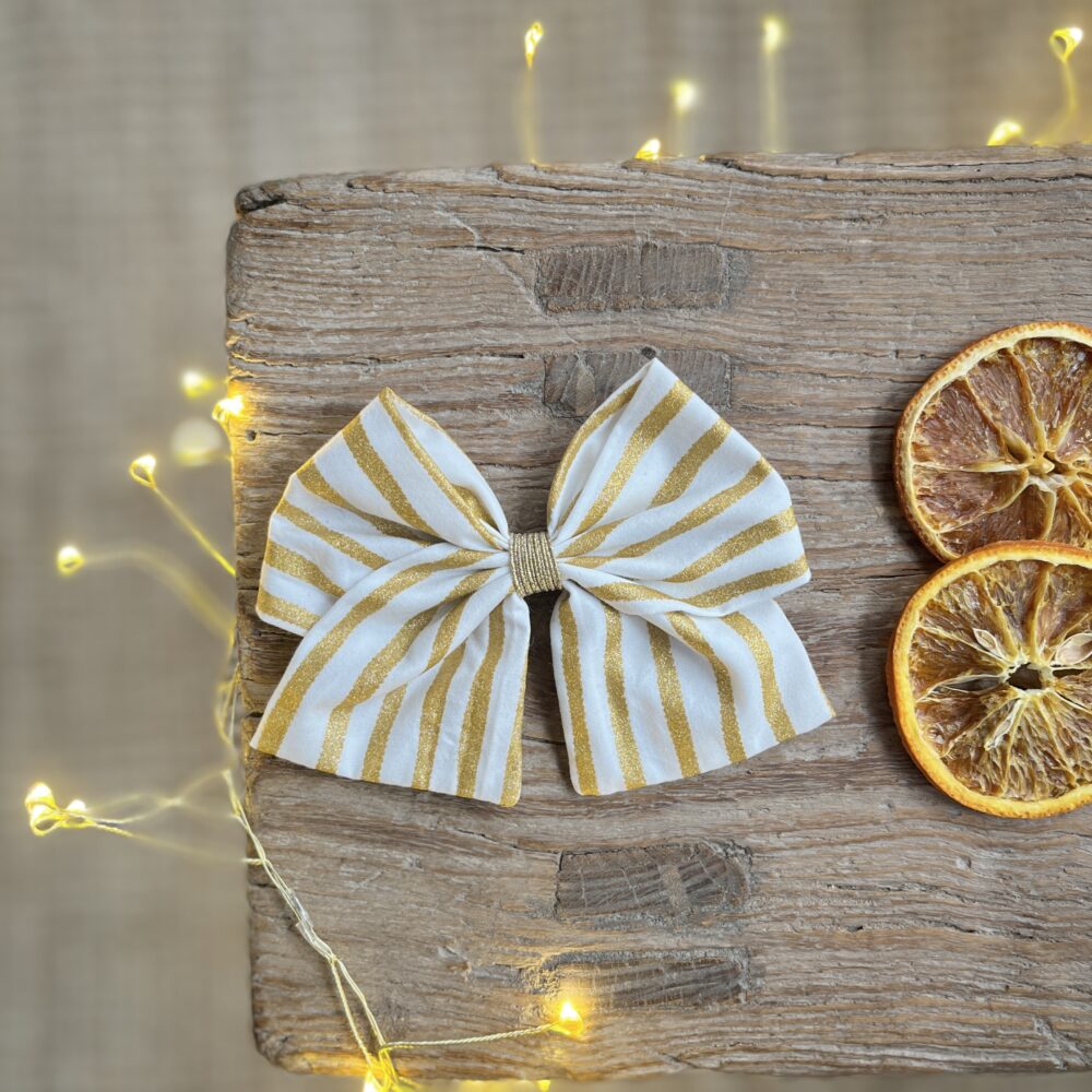 Noël: La barrette à gros nœud Brunette rayures dorées