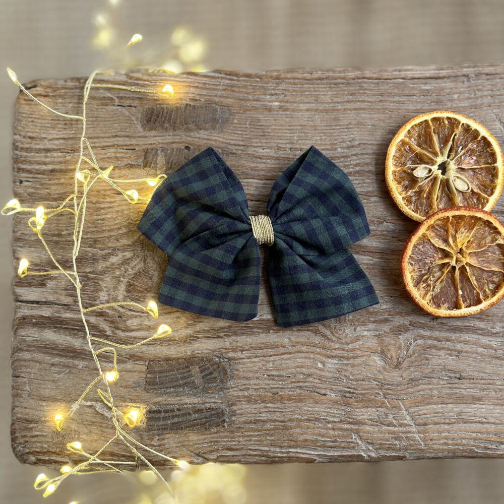 Noël: La barrette à gros nœud Brunette vichy vert marine et doré